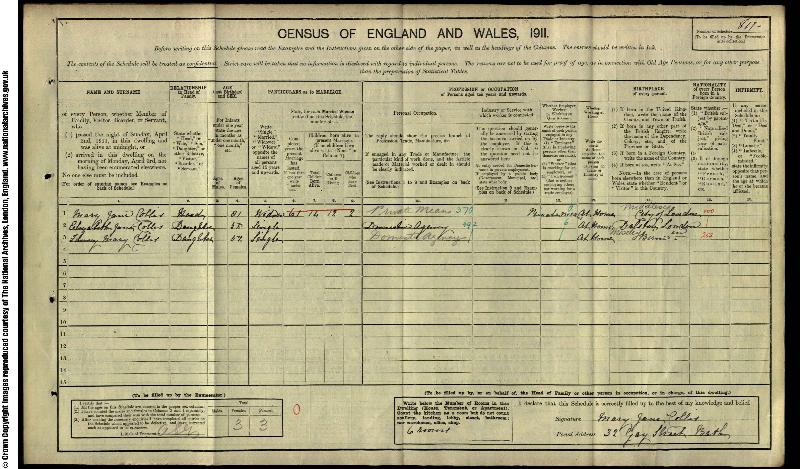 Collis (Mary Jane nee Tucker) 1911 Census